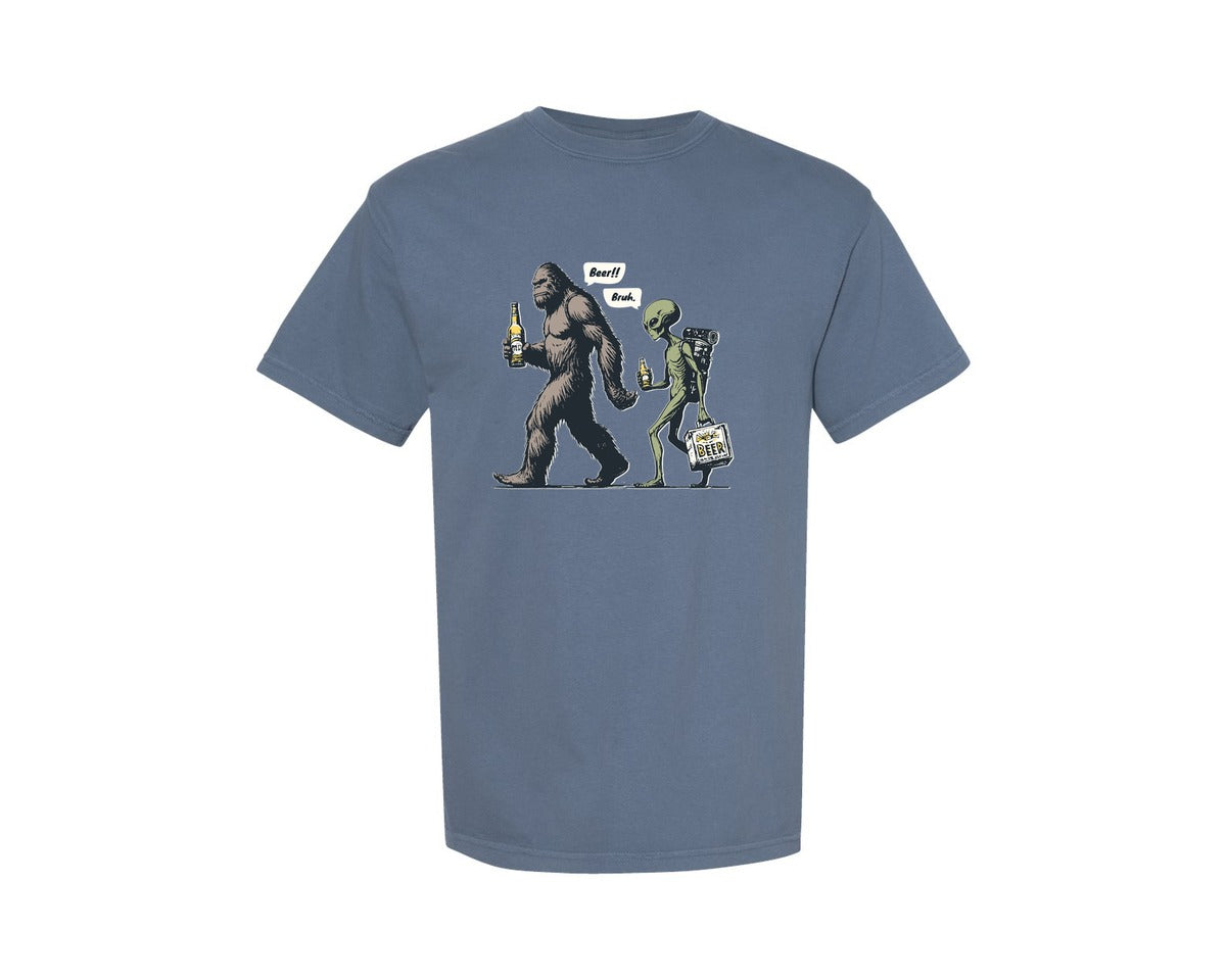 brand:Comfort Colors|color:Blue Jean|Bigfoot And Alien Beer Bruh Shirt Graphic T-Shirt