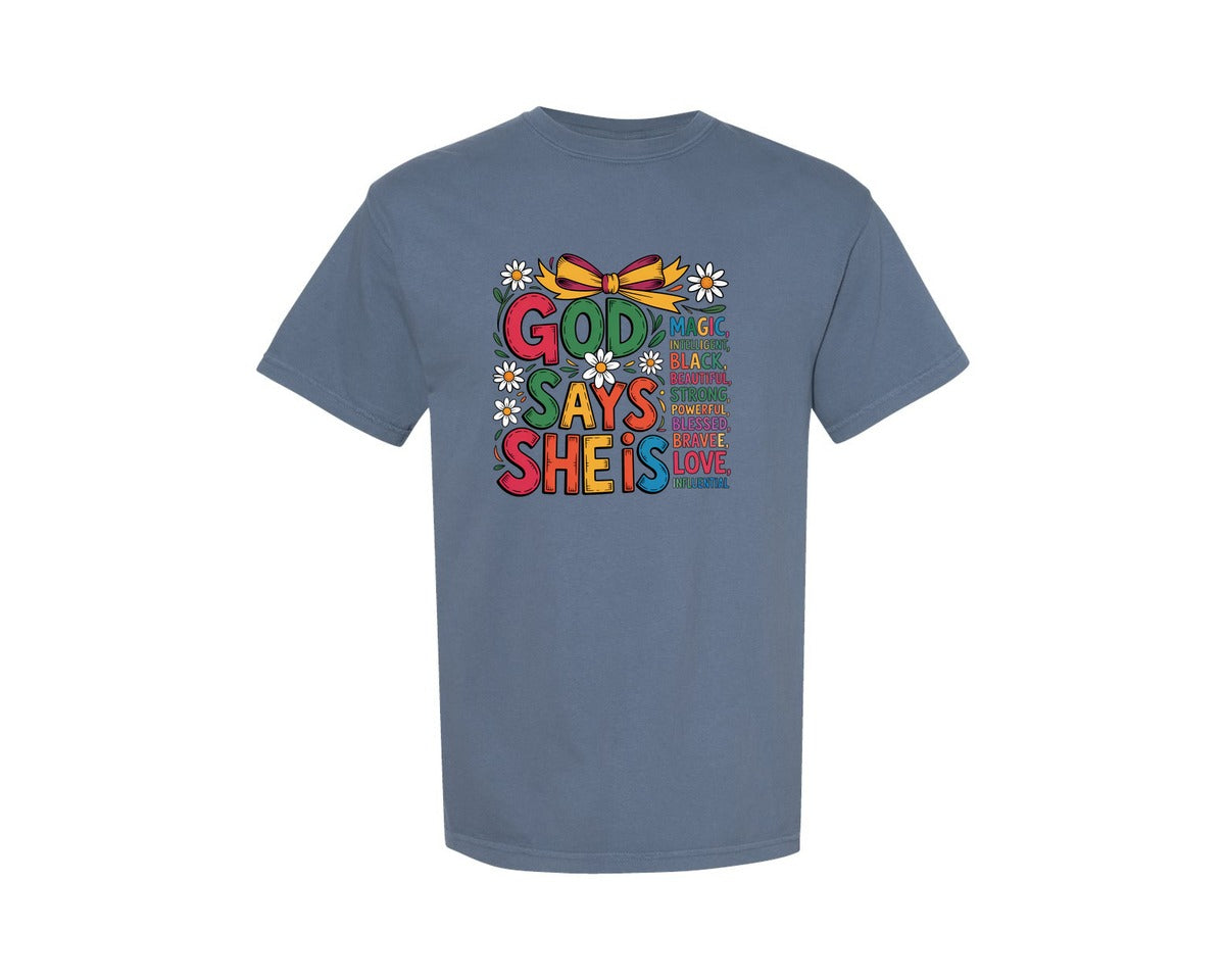 brand:Comfort Colors|color:Blue Jean|God Says She Is Magic Checker Bow Graphic T-Shirt