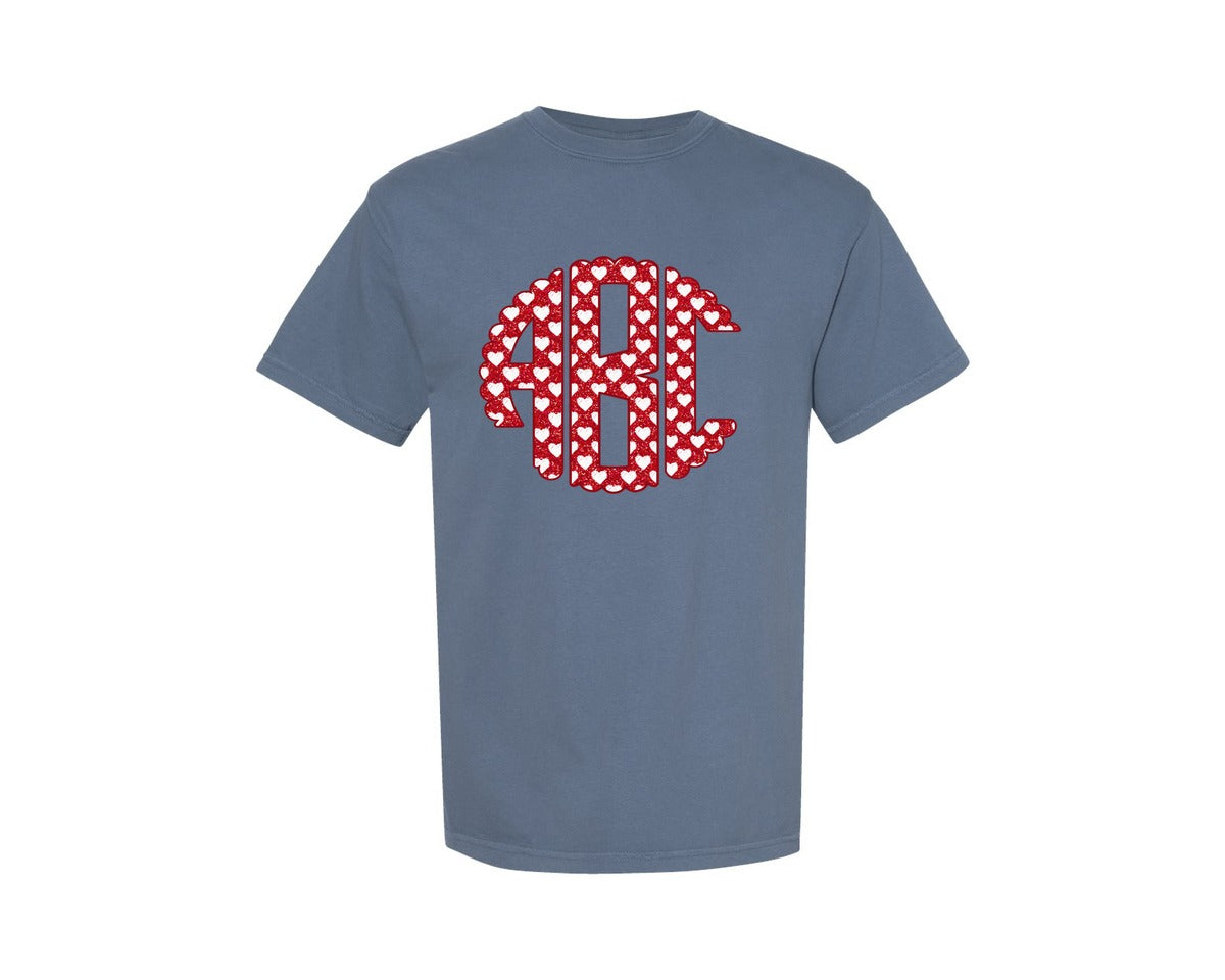 brand:Comfort Colors|color:Blue Jean|Valentine Red White Hearts Monogram Set Graphic T-Shirt
