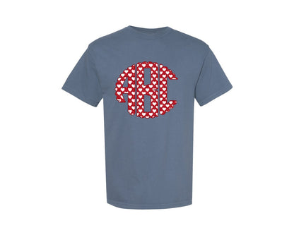 brand:Comfort Colors|color:Blue Jean|Valentine Red White Hearts Monogram Set Graphic T-Shirt