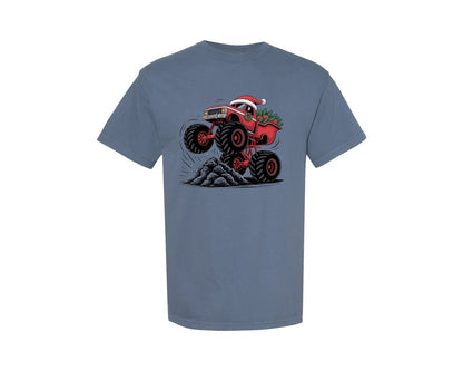 brand:Comfort Colors|color:Blue Jean|Santa Monster Truck Christmas Ride Graphic T-Shirt