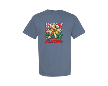brand:Comfort Colors|color:Blue Jean|Merry Teacher Christmas Pencil Tree 2 Graphic T-Shirt