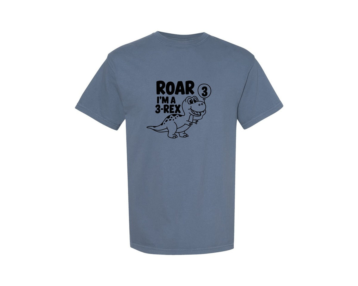brand:Comfort Colors|color:Blue Jean|3 Rex Dinosaur Birthday Graphic T-Shirt