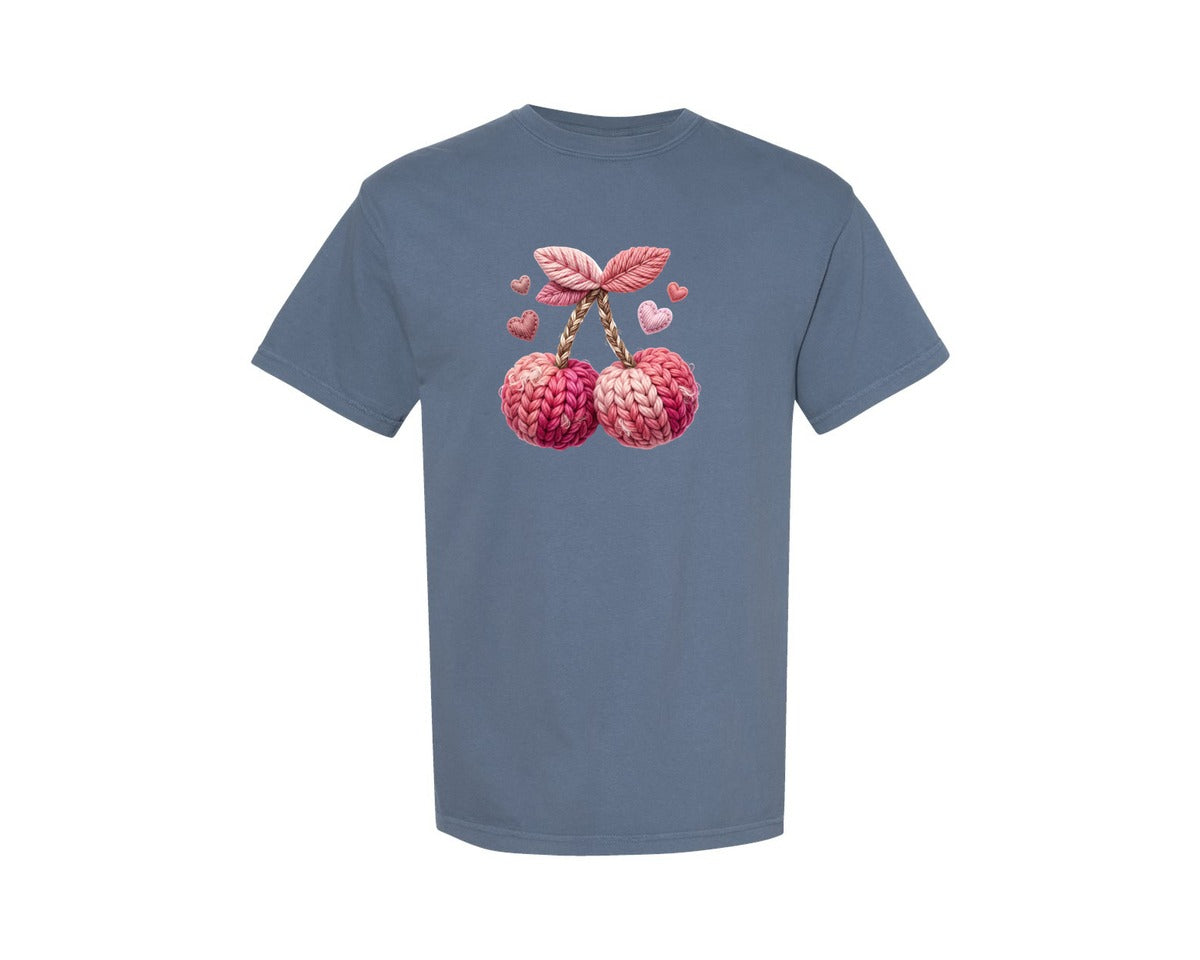 brand:Comfort Colors|color:Blue Jean|Faux Yarn Valentine Cherries Graphic T-Shirt