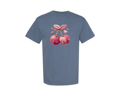 brand:Comfort Colors|color:Blue Jean|Faux Yarn Valentine Cherries Graphic T-Shirt