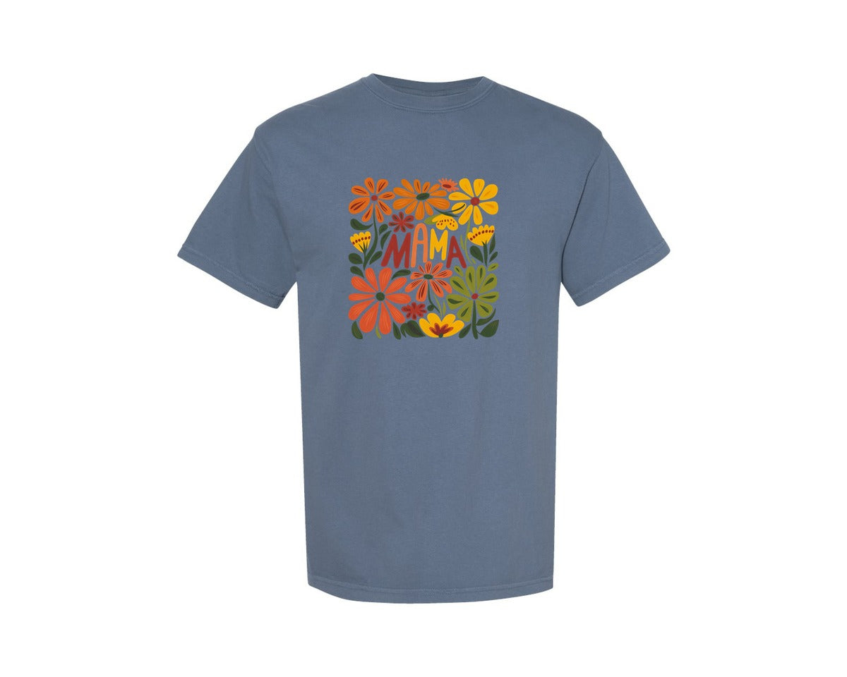 brand:Comfort Colors|color:Blue Jean|Retro Floral Mama Boho Mothers Day 3 Graphic T-Shirt