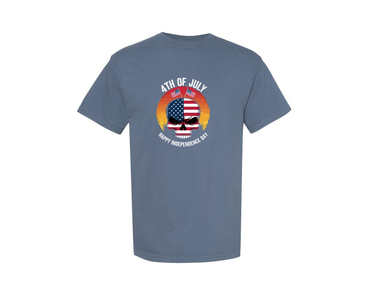 brand:Comfort Colors|color:Blue Jean|4Th Of July American Skull Sunset Indepe Graphic T-Shirt