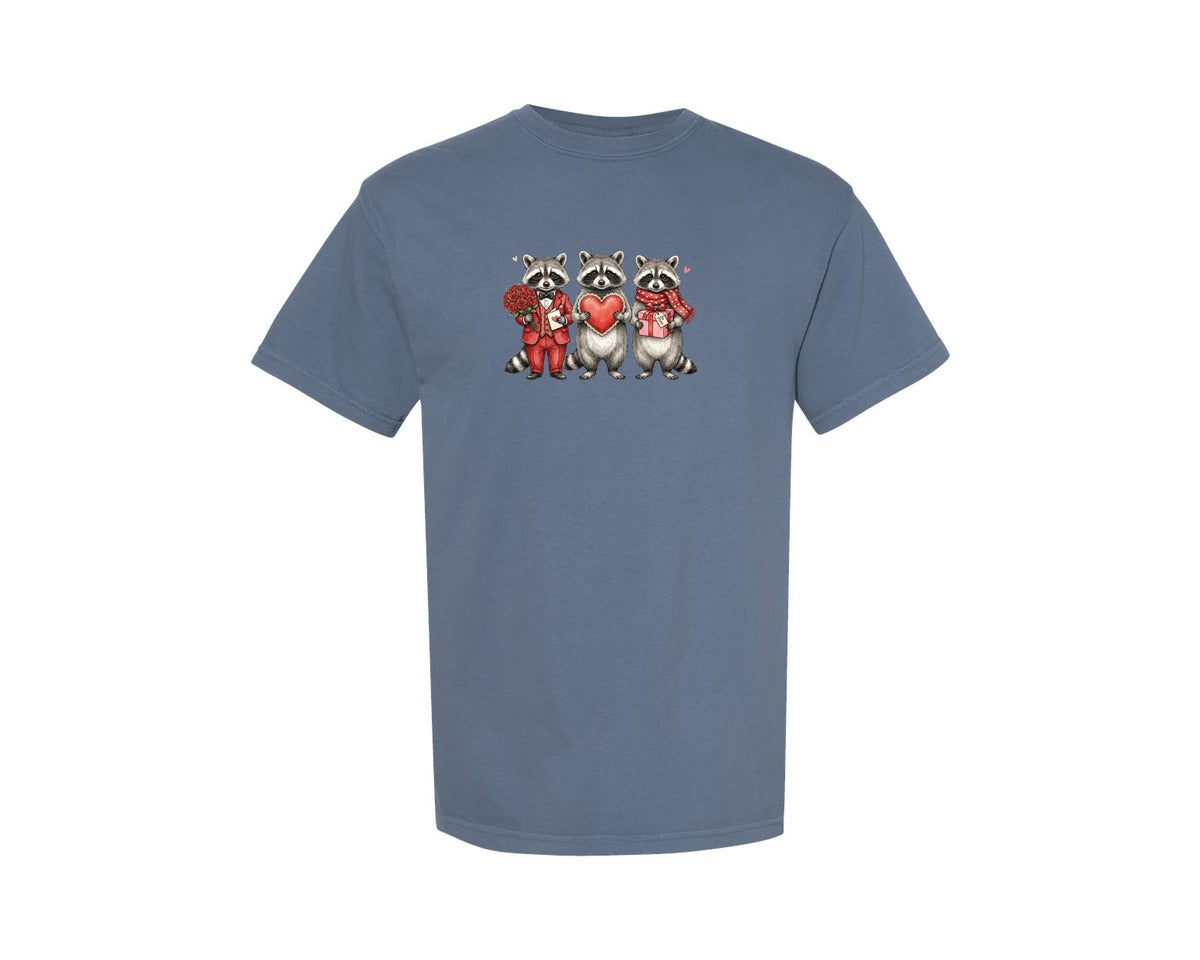 brand:Comfort Colors|color:Blue Jean|Cute Raccoon Valentines Day Graphic T-Shirt