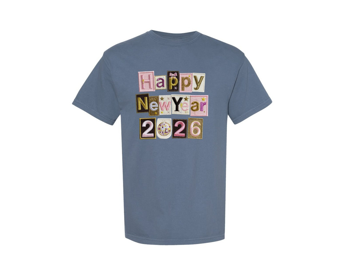 brand:Comfort Colors|color:Blue Jean|Happy New Year 2026 Faux Patchwork 2 Graphic T-Shirt
