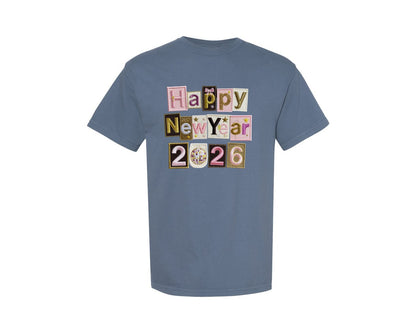 brand:Comfort Colors|color:Blue Jean|Happy New Year 2026 Faux Patchwork 2 Graphic T-Shirt