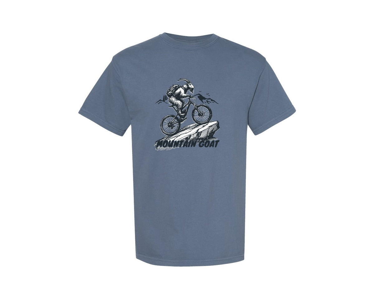 brand:Comfort Colors|color:Blue Jean|Mountain Goat On Mountain Bike Graphic T-Shirt