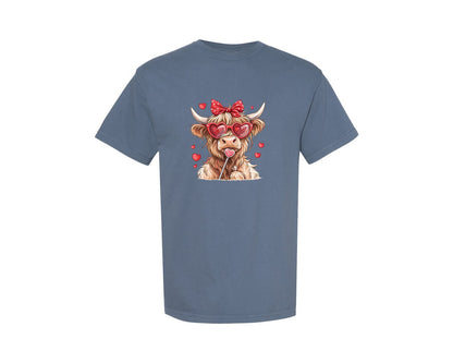 brand:Comfort Colors|color:Blue Jean|Highland Cow Valentine Coquette 3 Graphic T-Shirt
