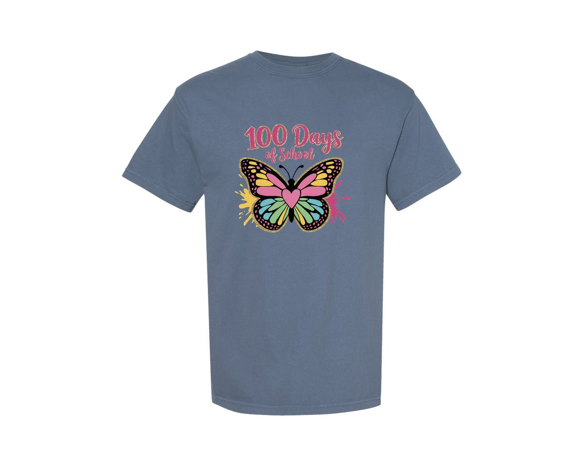 brand:Comfort Colors|color:Blue Jean|100 Days Of School Butterfly Graphic T-Shirt