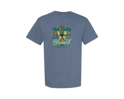 brand:Comfort Colors|color:Blue Jean|Not Lucky Simply Blessed Christian 3 Graphic T-Shirt
