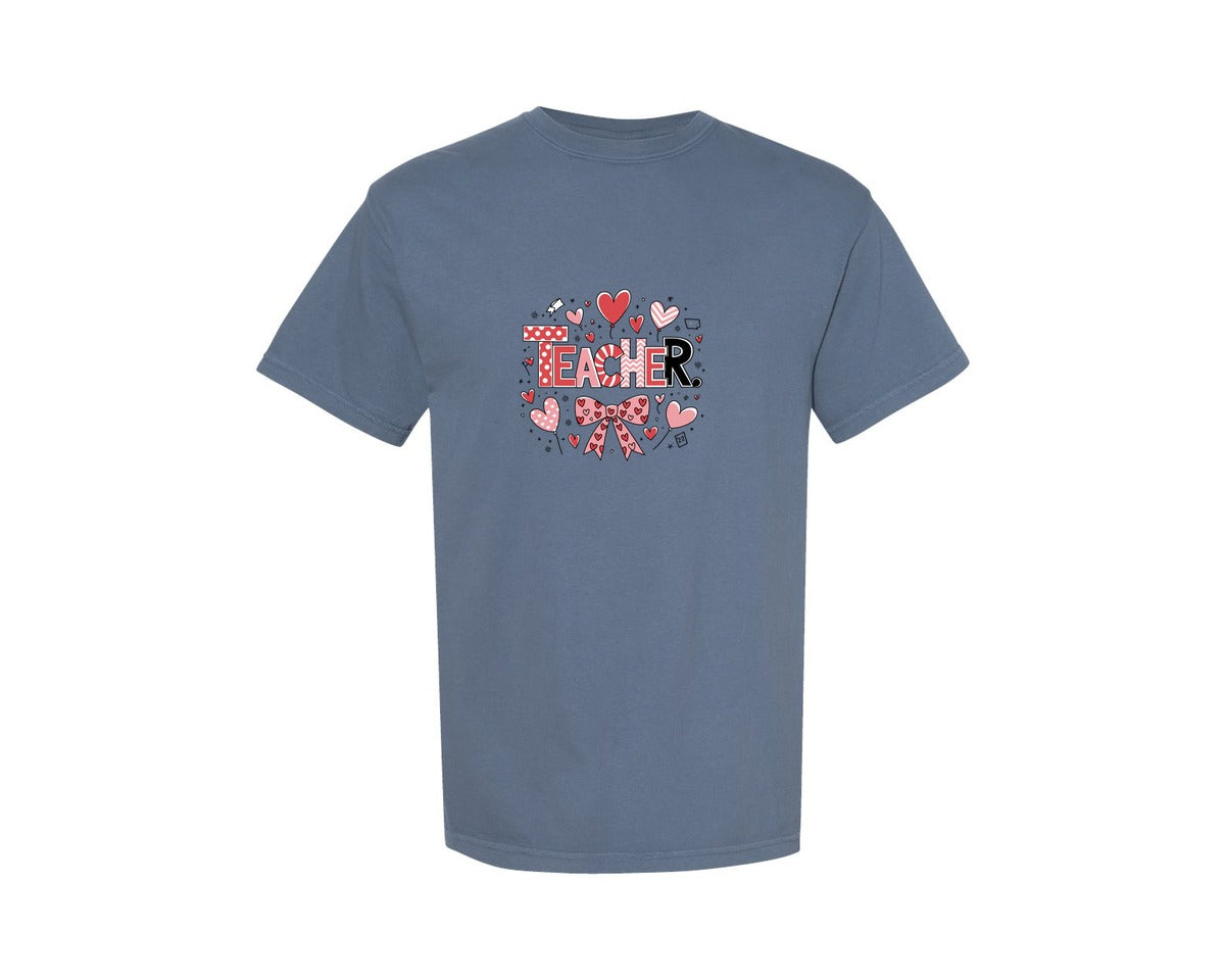 brand:Comfort Colors|color:Blue Jean|Teacher Valentine Coquette Bow Heart 5 Graphic T-Shirt