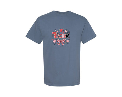 brand:Comfort Colors|color:Blue Jean|Teacher Valentine Coquette Bow Heart 5 Graphic T-Shirt