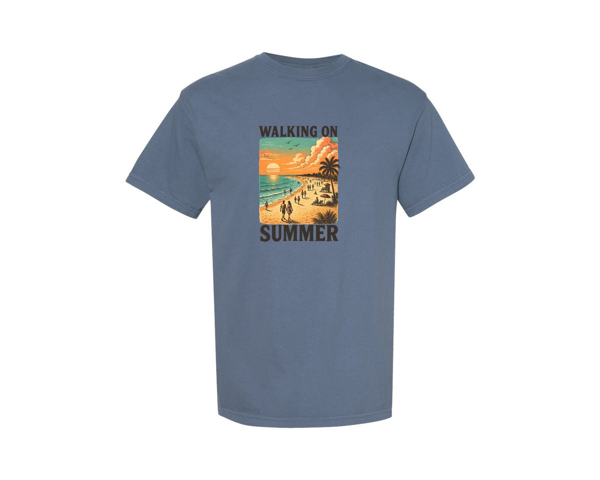 brand:Comfort Colors|color:Blue Jean|Walking On Beach Sunset Summer T Shirt Graphic T-Shirt