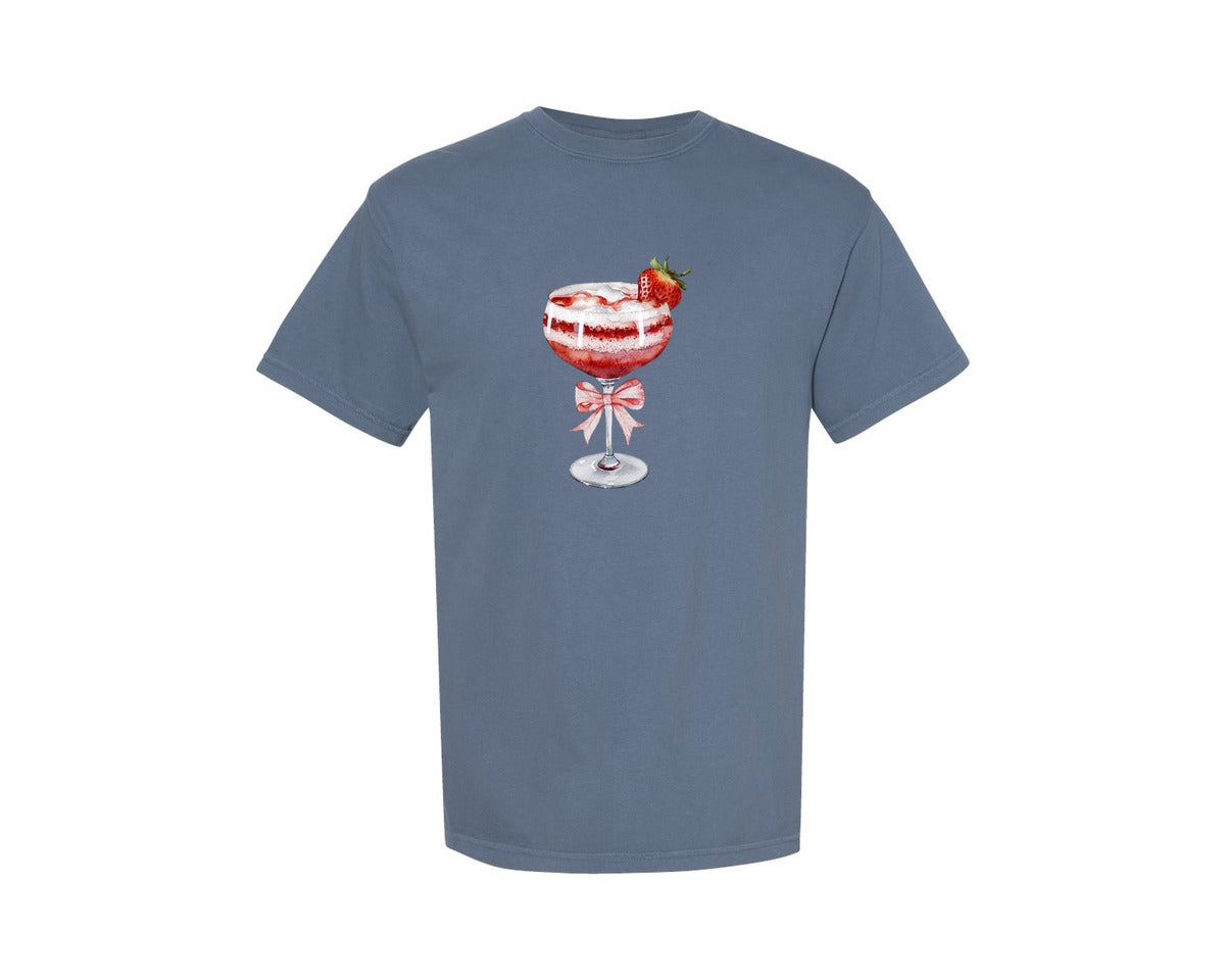 brand:Comfort Colors|color:Blue Jean|Coquette Strawberry Daiquiris Pink Bow Graphic T-Shirt