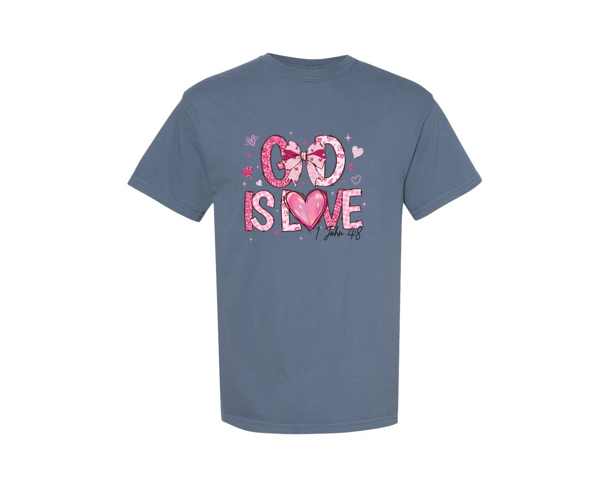 brand:Comfort Colors|color:Blue Jean|God Is Love Pink Glitter Christian Graphic T-Shirt