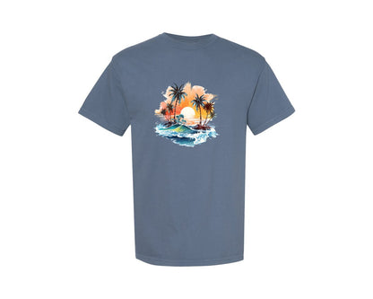 brand:Comfort Colors|color:Blue Jean|Retrp 80S Summer Beach Vibes Palm Tree 2 Graphic T-Shirt