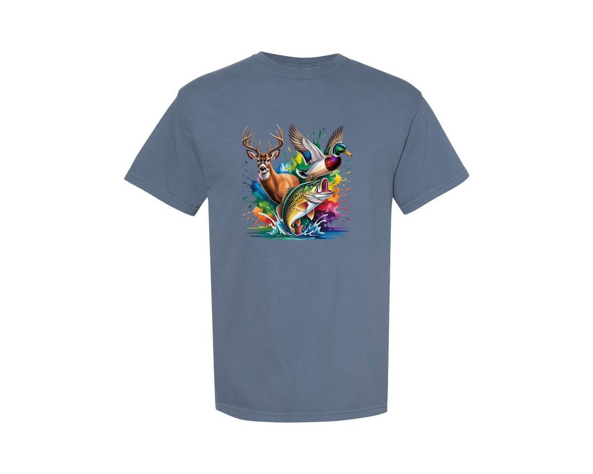 brand:Comfort Colors|color:Blue Jean|Deer Duck Bass Hunting Fishing Sublimati 4 Graphic T-Shirt