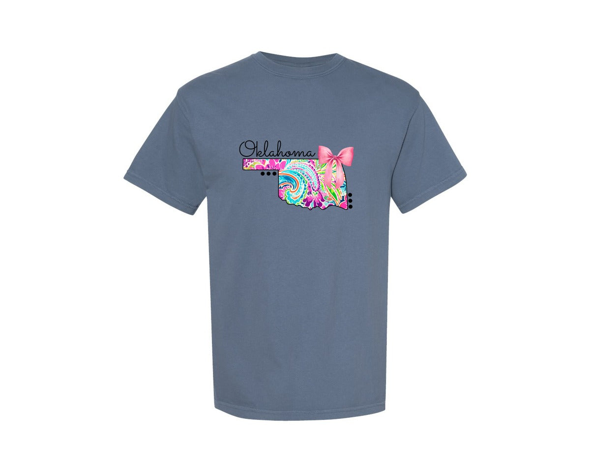 brand:Comfort Colors|color:Blue Jean|Doodle State Oklahoma Floral Paisley Graphic T-Shirt