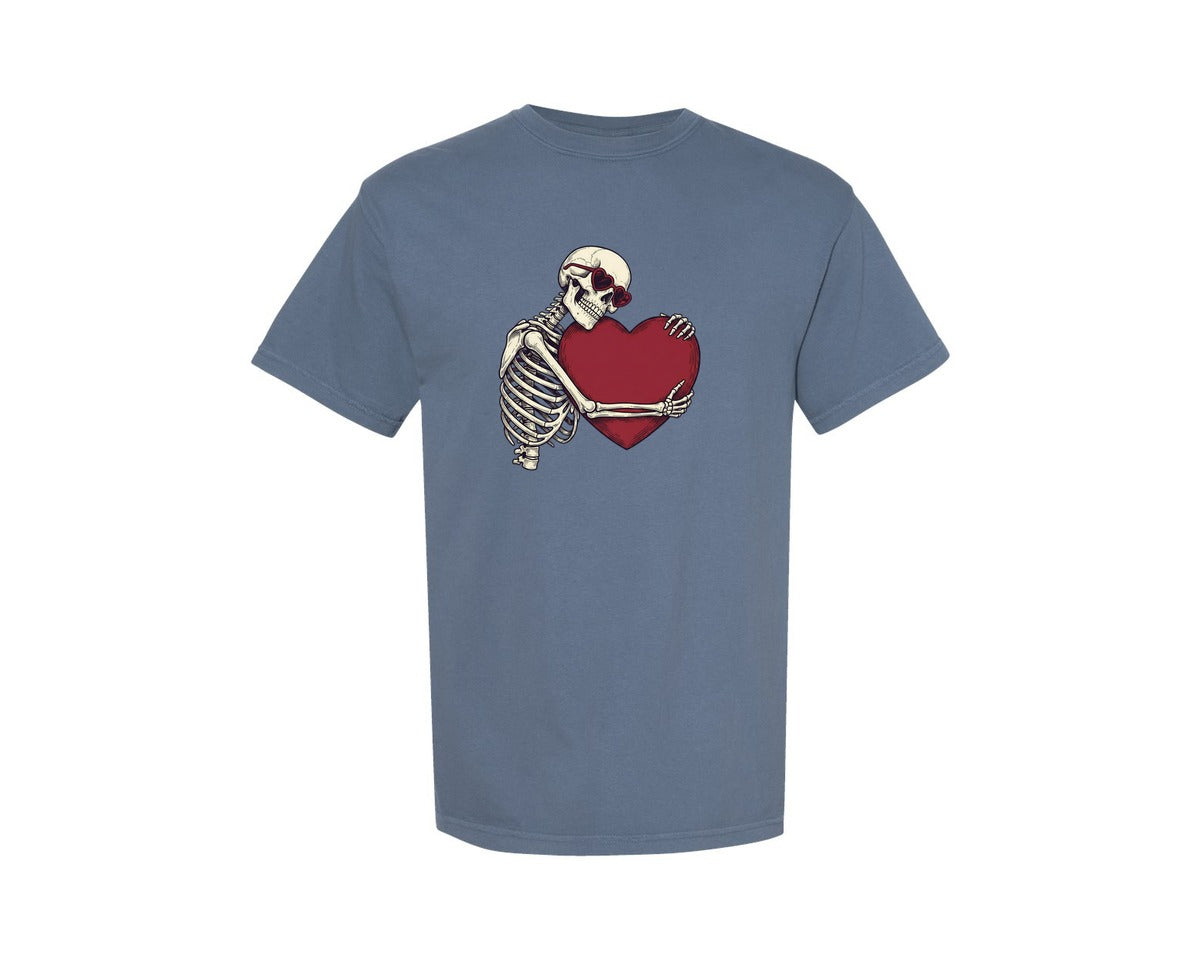 brand:Comfort Colors|color:Blue Jean|Skeleton Hugging Heart Valentine Graphic T-Shirt