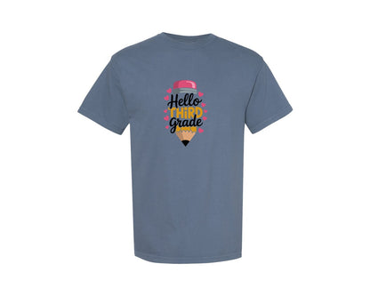 brand:Comfort Colors|color:Blue Jean|Hello Third 3Rd Grade Pencil School Graphic T-Shirt