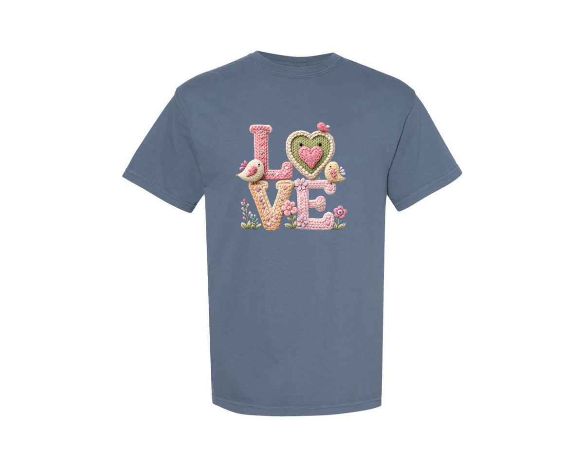 brand:Comfort Colors|color:Blue Jean|Valentine Love Crochet Graphic T-Shirt