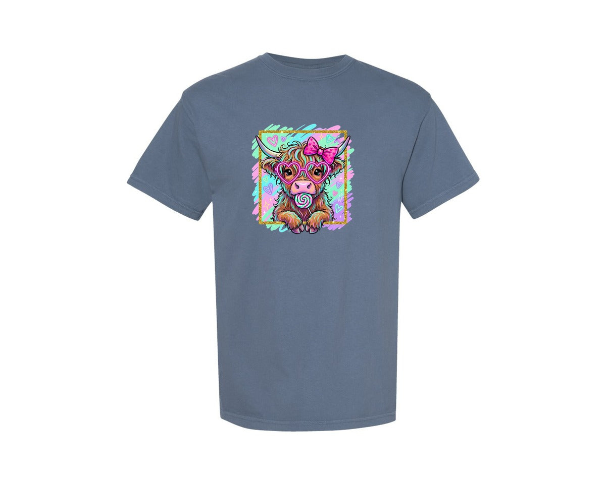brand:Comfort Colors|color:Blue Jean|Pastel Highland Cow Heart Glasses Graphic T-Shirt
