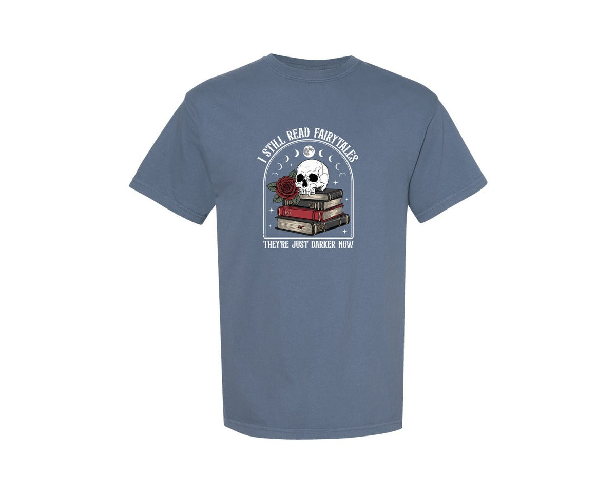 brand:Comfort Colors|color:Blue Jean|Halloween Skeleton Rose Reading Book Graphic T-Shirt