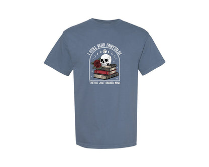 brand:Comfort Colors|color:Blue Jean|Halloween Skeleton Rose Reading Book Graphic T-Shirt