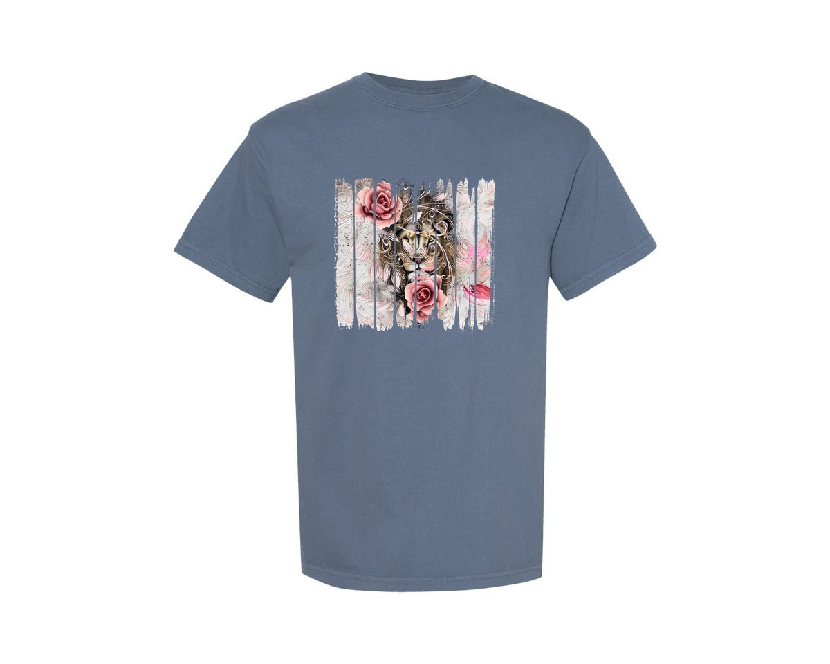 brand:Comfort Colors|color:Blue Jean|Pink Valentine Lion Rose Brushstroke Graphic T-Shirt