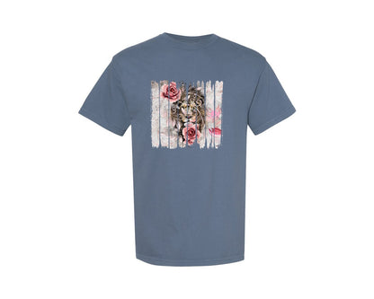 brand:Comfort Colors|color:Blue Jean|Pink Valentine Lion Rose Brushstroke Graphic T-Shirt