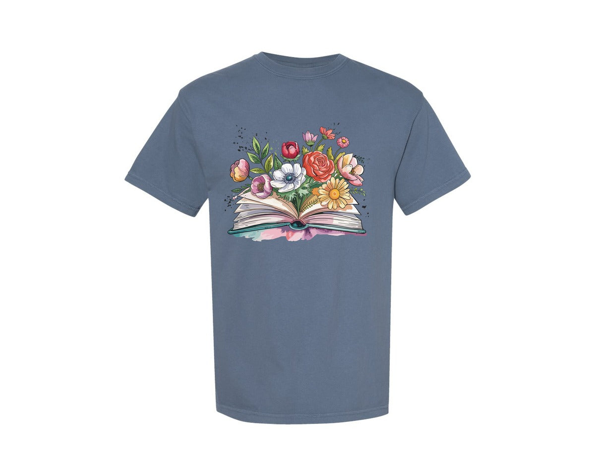 brand:Comfort Colors|color:Blue Jean|Open Book Silhouette With Flower T Shirt 3 Graphic T-Shirt