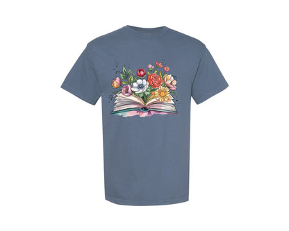 brand:Comfort Colors|color:Blue Jean|Open Book Silhouette With Flower T Shirt 3 Graphic T-Shirt