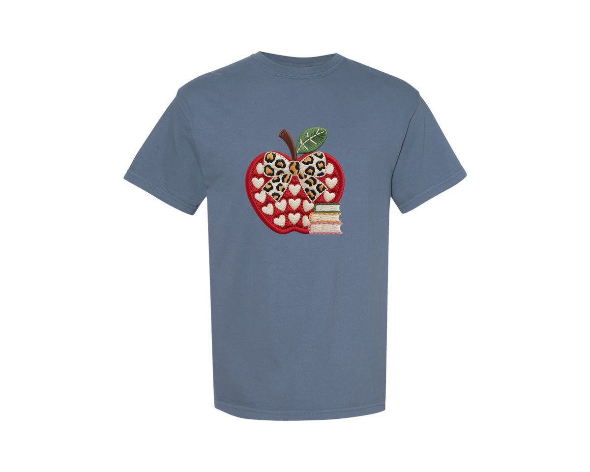 brand:Comfort Colors|color:Blue Jean|Embroidery Leopard Apple Teacher Book Graphic T-Shirt