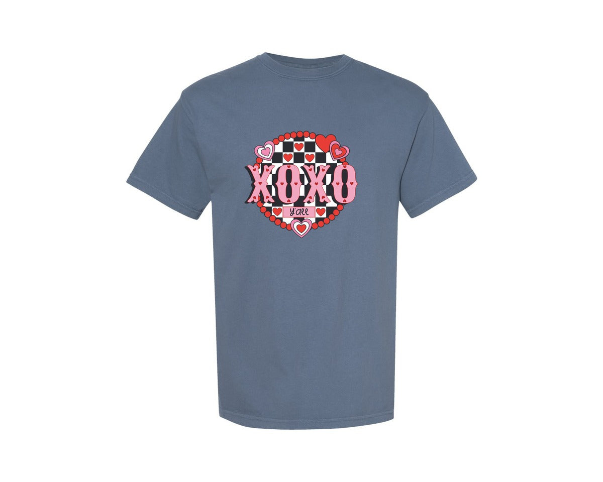 brand:Comfort Colors|color:Blue Jean|Valentine Love Xo Checker Heart Graphic T-Shirt