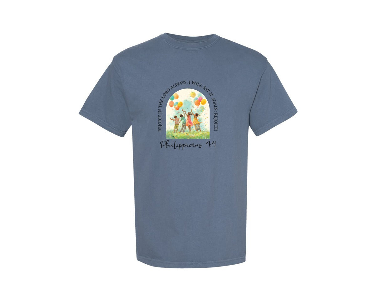 brand:Comfort Colors|color:Blue Jean|Christian Bible Verse Philippians 44 Graphic T-Shirt