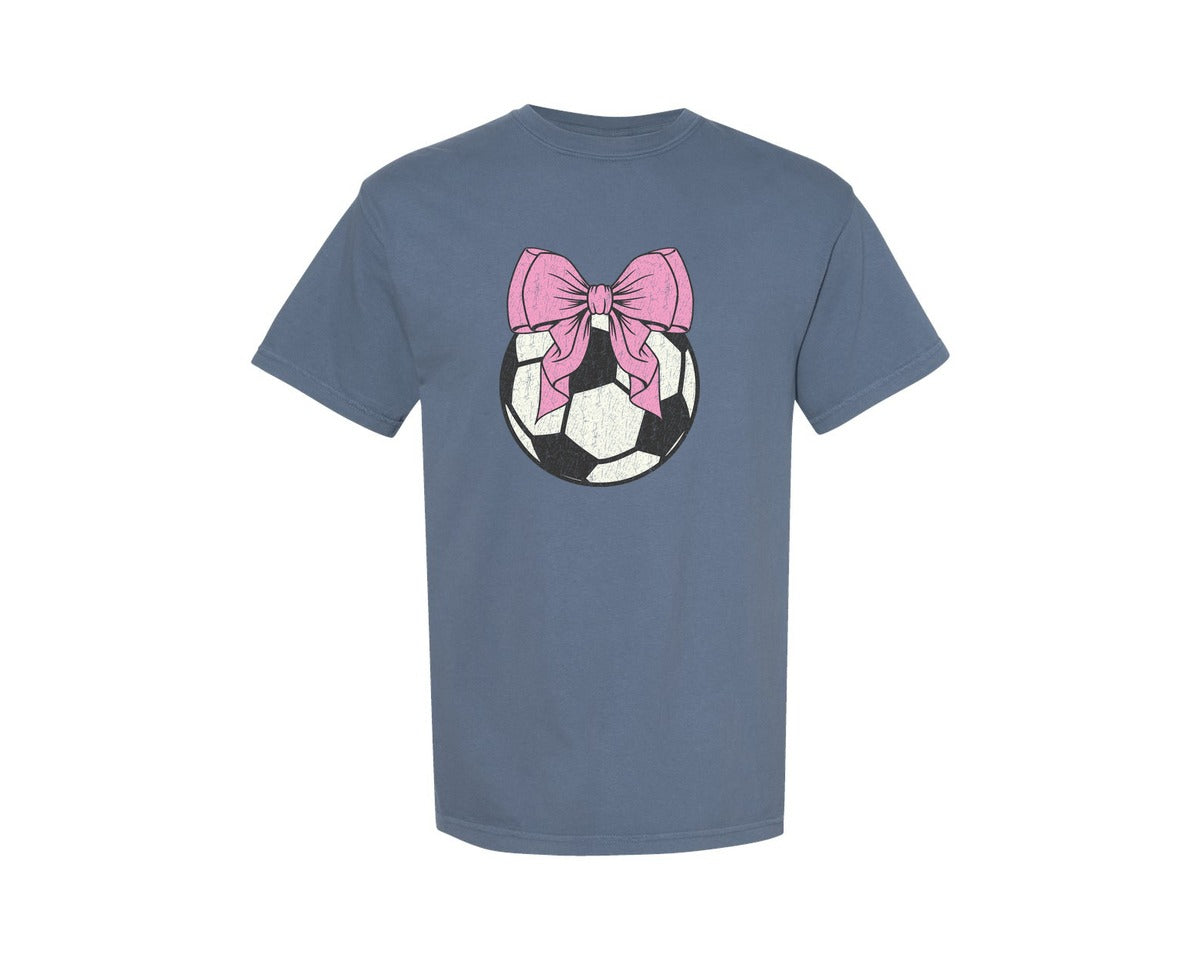 brand:Comfort Colors|color:Blue Jean|Coquette Soccer Pink Bow Graphic T-Shirt