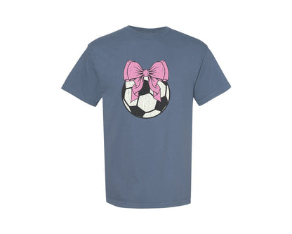 brand:Comfort Colors|color:Blue Jean|Coquette Soccer Pink Bow Graphic T-Shirt
