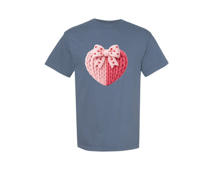 brand:Comfort Colors|color:Blue Jean|Coquette Coquette Bow Heart Knit Graphic T-Shirt