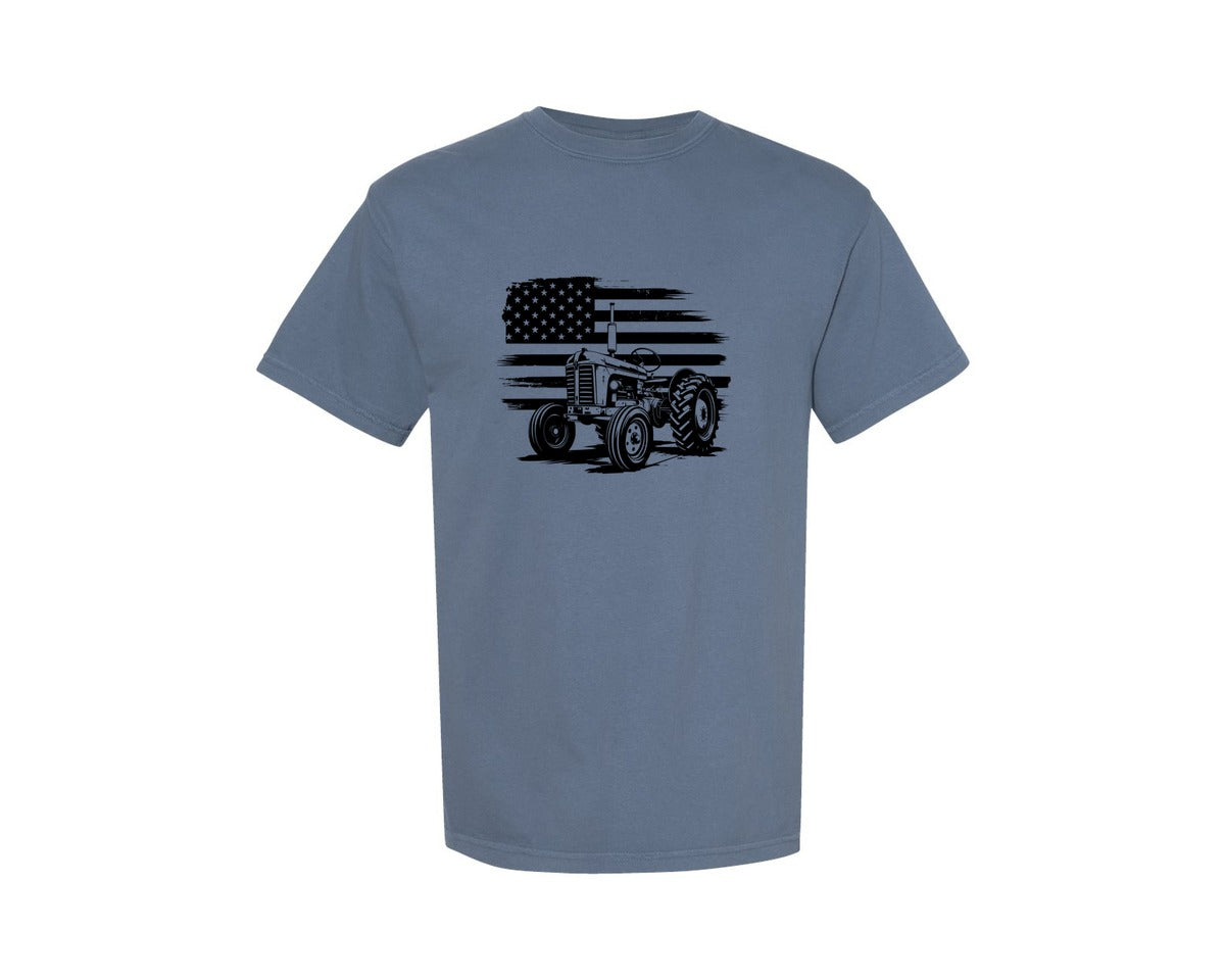 brand:Comfort Colors|color:Blue Jean|Tractor Flag Vector T Shirt Design Graphic T-Shirt