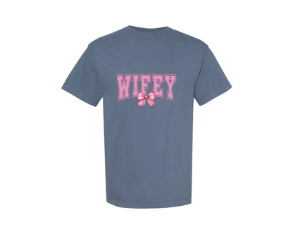 brand:Comfort Colors|color:Blue Jean|Coquette Pink Bow Wifey Graphic T-Shirt