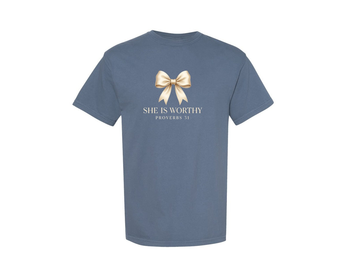 brand:Comfort Colors|color:Blue Jean|She Is Worthy Proverbs 31 Graphic T-Shirt