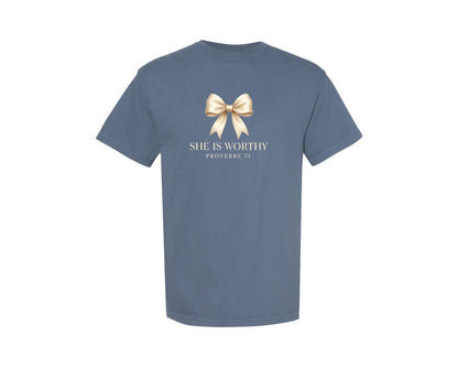 brand:Comfort Colors|color:Blue Jean|She Is Worthy Proverbs 31 Graphic T-Shirt