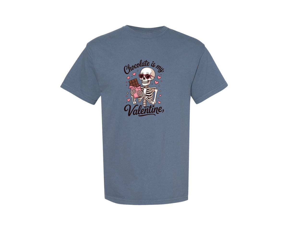 brand:Comfort Colors|color:Blue Jean|Chocolate Is My Valentine Skeleton Graphic T-Shirt