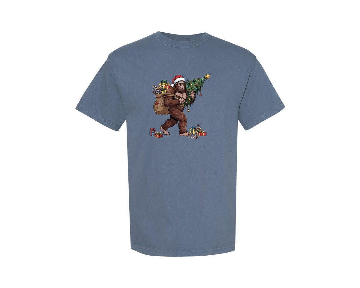 brand:Comfort Colors|color:Blue Jean|Bigfoot Sasquatch Claus Christmas Tree Graphic T-Shirt