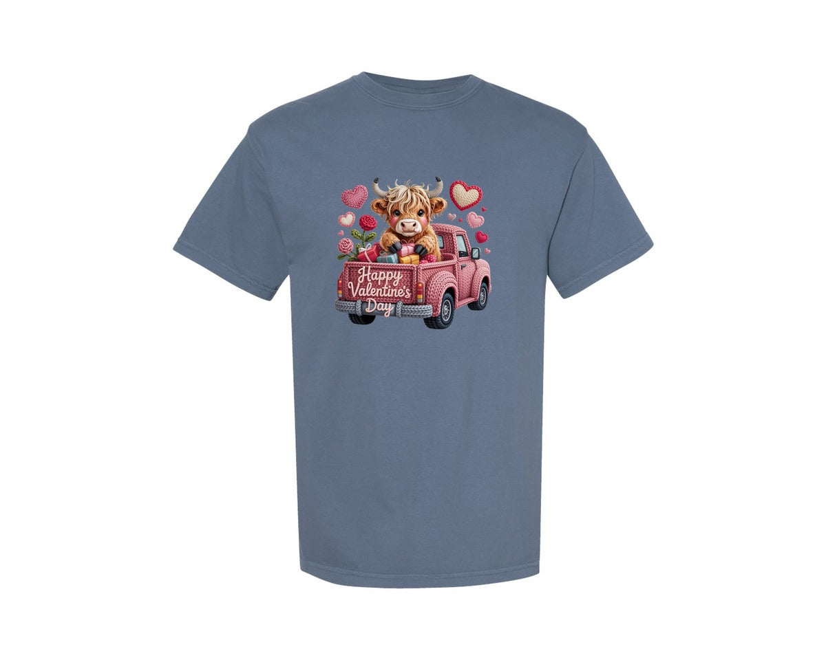 brand:Comfort Colors|color:Blue Jean|Knitted Valentine Highland Cow Truck Graphic T-Shirt