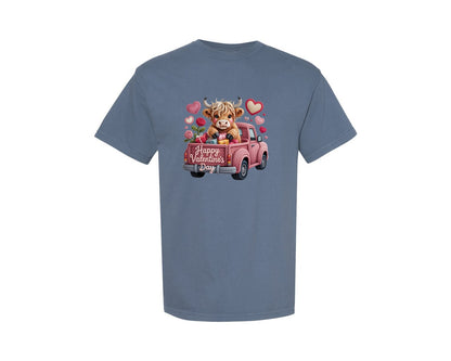 brand:Comfort Colors|color:Blue Jean|Knitted Valentine Highland Cow Truck Graphic T-Shirt